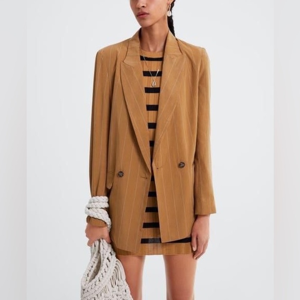 Zara Women’s Linen-blend Striped Blazer Jacket in Mustard Yellow Size S